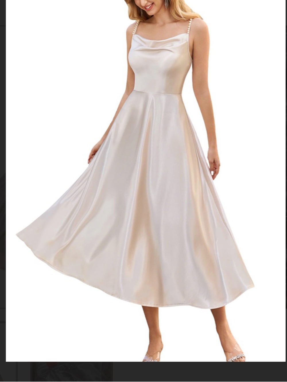 Satin Cowl Neck Midi Dress with Pearl Shoulder Straps in Ivory